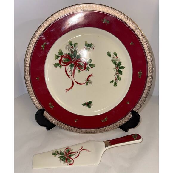 Mikasa Christmas Holly Cake Plate & Server Set Platinum Trim Holiday Serving - Picture 1 of 3